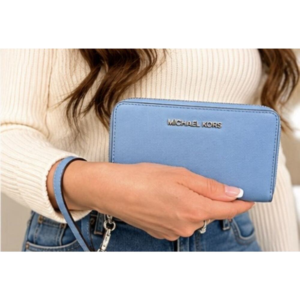 Michael Kors Jet Set Travel Zip Around Wristlet Wallet Sky Blue Saffiano Leather